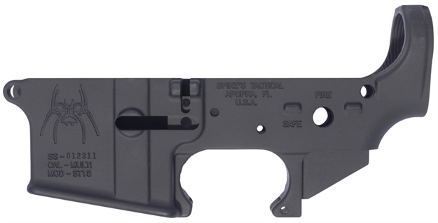 Picture of  Spikes Stls018 Spider Stripped Lower Receiver With Fire & Safe Markings Multi-Caliber 7075-T6 Aluminum Black Anodized For Ar-15 855319005037