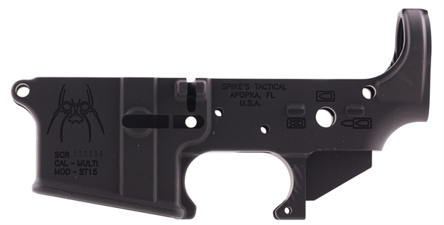 Picture of  Spikes Stls019 Spider Stripped Lower Receiver With Billet Markings Multi-Caliber 7075-T6 Aluminum Black Anodized For Ar-15 855319005044