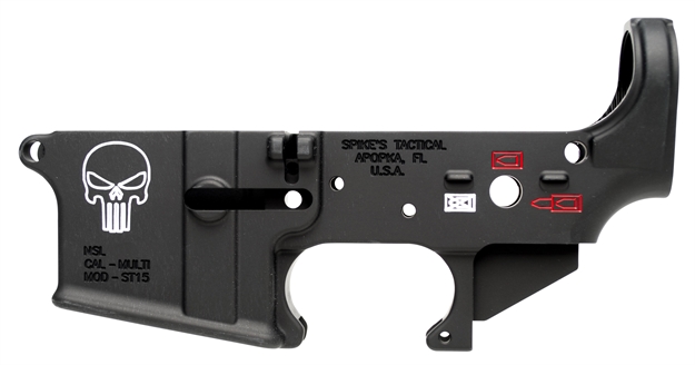Picture of Spikes Tactical Stls015cfa Punisher Stripped Lower Receiver Multi-Caliber 7075-T6 Aluminum Black Anodized With Color Fill For Ar-15 STLS015-CFA