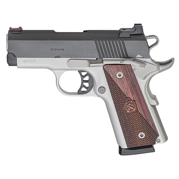 Picture of  Springfield Armory Px9123l 1911 Ronin Emp 9Mm Luger 9+1 3" Stainless Match Grade Bull Steel Barrel, Blued Serrated Carbon Steel Slide, Satin Cerakote Aluminum Frame W/Beavertail, Textured Wood Grip