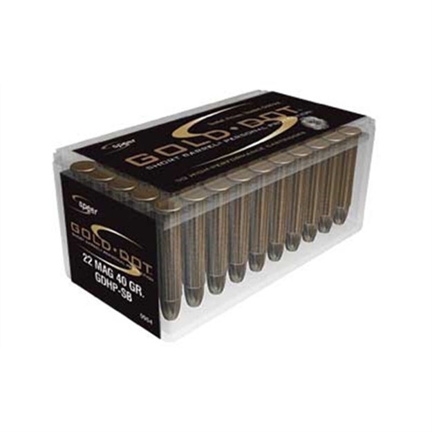 Picture of Speer Ammunition Gold Dot Personal Protection Short Barrel Rimfire Ammo 22 Wmr, Gdhp-Sb, 40 Grains, 1050 Fps, 50 Rounds, Boxed 954 076683009548