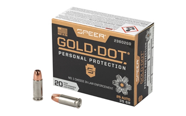 Picture of Speer Ammunition Gold Dot Personal Protection Handgun Ammo 25 Auto, Gdhp, 35 Gr,  20 Rnd, Boxed 23602GD 604544647174