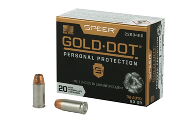 Picture of Speer Ammunition Gold Dot Personal Protection Handgun Ammo 32 Auto, Gdhp, 60 Gr,  20 Rnd, Boxed 23604GD