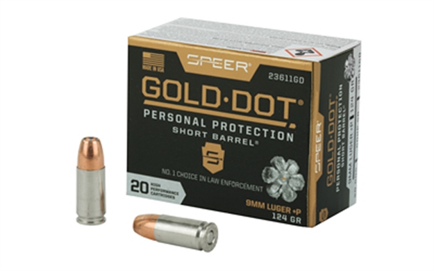 Picture of  Speer 23611Gd Gold Dot Personal Protection Short Barrel 9Mmluger+P 124Gr Hollow Point 20 Per Box/10 Case 604544647204