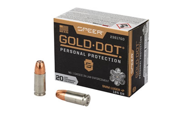 Picture of Speer Ammunition Gold Dot Personal Protection Handgun Ammo 9Mm +P, Gdhp, 124 Gr, 1220 Fps, 20 Rnd, Boxed 23617GD