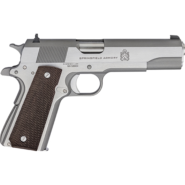 Picture of  Springfield Armory Pbd9151l 1911 Mil-Spec Defend Your Legacy 45 Acp 7+1, 5" Stainless Steel Match Grade Barrel, Stainless Serrated Slide, Stainless Steel Frame W/Beavertail, Checkered Wood Grip 706397941550