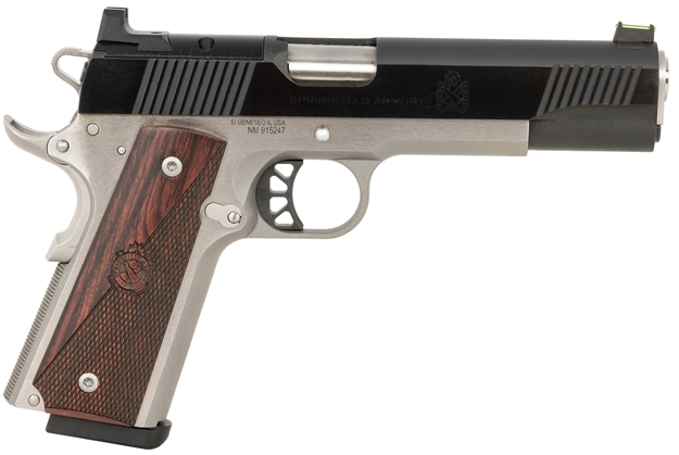 Picture of  Springfield Armory Px9121laos 1911 Ronin 10Mm Auto 8+1, 5" Stainless Match Grade Steel Barrel, Blued Serrated Carbon Steel Slide, Stainless Steel Steel Frame W/Beavertail, Crossed Cannon Wood Grip