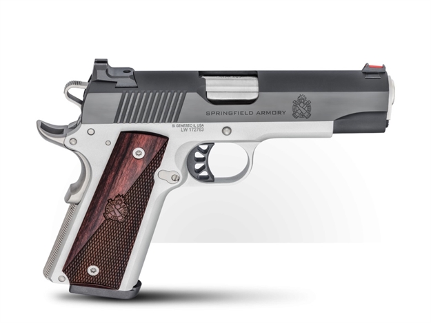 Picture of  Springfield Armory Px9118l 1911 Ronin 45 Acp 8+1, 4.25" Stainless Match Grade Steel Barrel, Salt Blued Serrated Carbon Steel Slide, Satin Cerakote Aluminum Frame W/Beavertail, Crossed Cannon Wood Grip