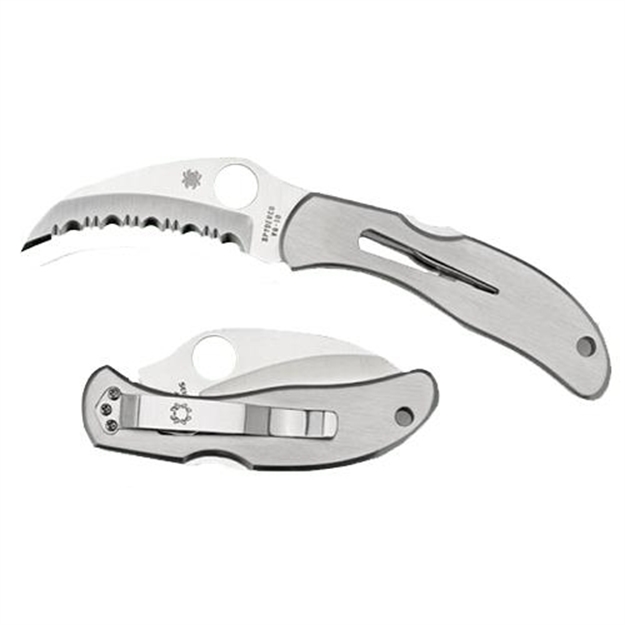 Picture of  Spyderco C08s Harpy  2.75" Folding Hawkbill Serrated Vg-10 SS Blade Stainless Steel Handle Includes Pocket Clip 716104000708