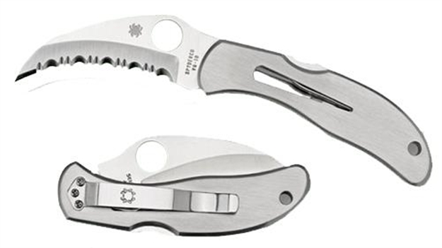 Picture of  Spyderco C08s Harpy  2.75" Folding Hawkbill Serrated Vg-10 SS Blade Stainless Steel Handle Includes Pocket Clip