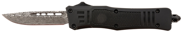 Picture of  Steel River Knives Mt616bddp Spartan  Mini 2.75" Otf Drop Point Plain Laser Etched Damascus 440C SS Blade/4.25" Black Aluminum Zinc Alloy Handle 766646408944