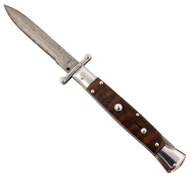 Picture of  Steel River Knives Sgswrdam Spartan  3.9" Italian Bayonet Damascus 5.1" Snakewood Buffalo Horn Handle Side Open