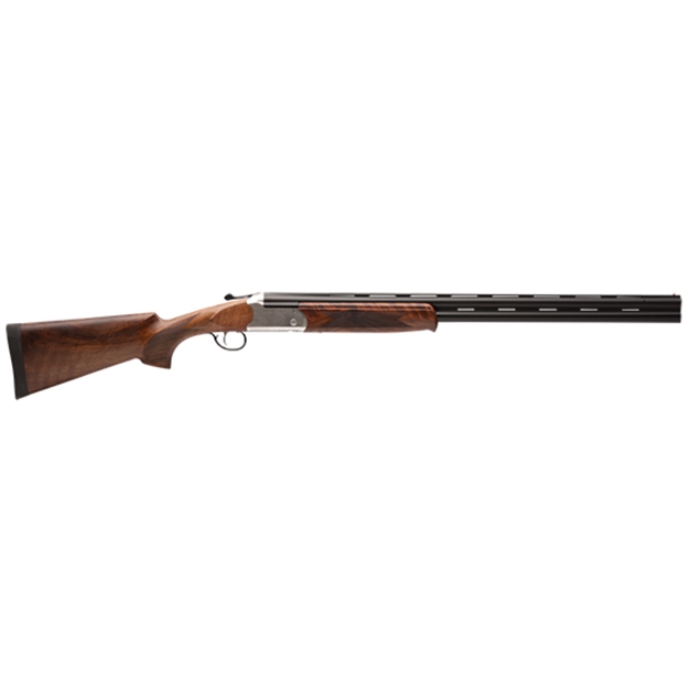 Picture of  Stevens 22595 555 E Full Size 410 Gauge Break Open 3" 2Rd 26" Black Satin Over/Under Vent Rib Barrel, Engraved Satin Silver Aluminum Receiver, Fixed Satin Turkish Walnut Stock, Ambidextrous 011356225955