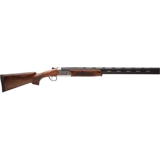 Picture of  Stevens 22592 555 E 12 Gauge Break Open 3" 2Rd 28" Black Satin Over/Under Vent Rib Barrel, Engraved Satin Silver Aluminum Receiver, Fixed Satin Turkish Walnut Stock, Ambidextrous 011356225924