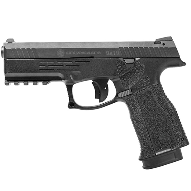 Picture of Steyr Arms 78.123.2H0 L9-A2 MF 9Mm Luger Caliber With 4.50" Barrel, 17+1 Capacity, Overall Black Finish, Picatinny Rail Frame, Serrated Slide & Interchangeable Backstrap Grip 781212H0