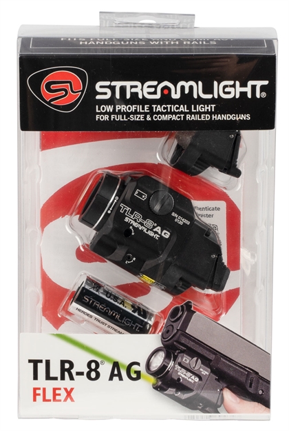 Picture of  Streamlight 69434 Tlr-8A Flex W/Laser Black Anodized Aluminum, 500 Lumens White Led, Green Laser 140 Meters Beam, Rail Clamp Mount 080926694347