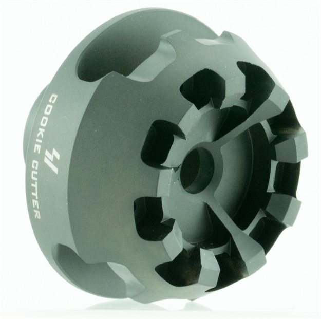 Picture of Strike Industries Cccomp308 Cookie Cutter Comp Black Matte Steel With 5/8"-24 Tpi Threads, 1.57" Oal & 0.26" Inside/2.14" Outside Diameter For 308 Win, 7.62X51mm Nato Ar-Platform SICCCOMP308