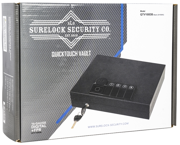 Picture of  Surelock Security 3418945 Quicktouch 100 Digital Keypad/Biometric/Key Entry Matte Black Steel Holds 1 Handgun 2.56"H X 9.06"W X11.81"D 810031489455