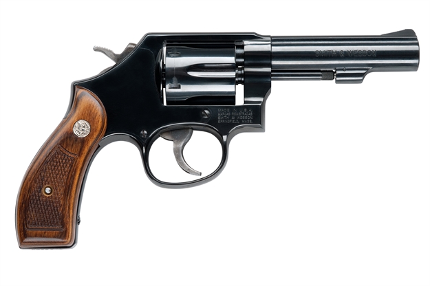 Picture of Smith & Wesson 10 Classic Revolver 38 Spl, 4 In, Wood Grp, 6 Rnd, Blk Blade Front & Fixed Rear, Medium Blued Frame 150786