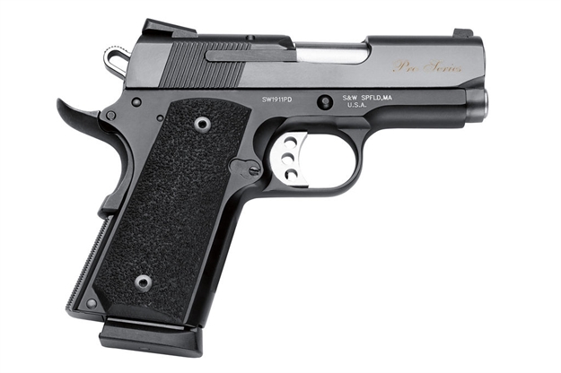Picture of  Smith & Wesson 178020 PC 1911 Pro Sub-Compact Frame 45 Acp 7+1, 3" Stainless Steel Barrel, Black Serrated Carbon Steel Slide, Black Aluminum Frame W/Beavertail, Black Stippled Grip