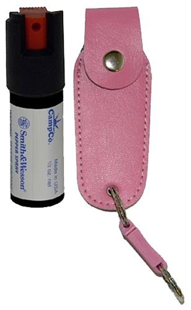 Picture of  S&W Pepper Spray 1203P Pepper Spray  OC Pepper Range 10 FT 0.50 OZ Pink Includes Holster/Keychain 024718001012