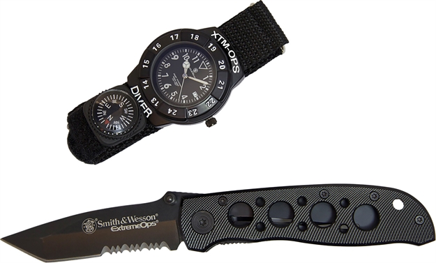 Picture of  S&W Swxtmops2 S&W Extreme Ops Combo 3.18" Folding Plain Black 420 Stainless Steel Blade, Black Handle, Watch W/Compass