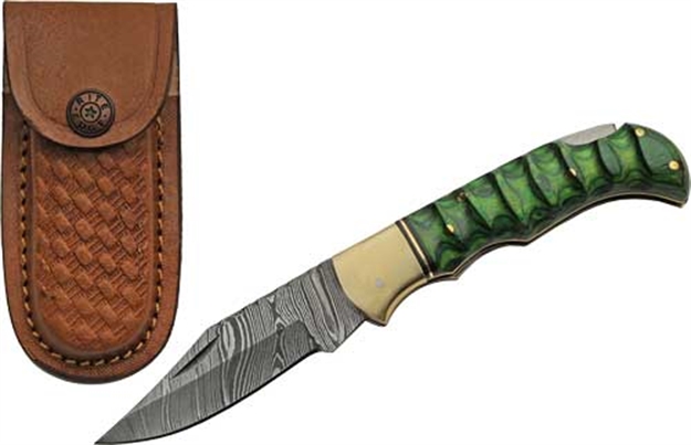 Picture of Szco Rite Edge Rite Edge 3" Green Grooved Wood Damascus Lockback DM1303GN 801608113037