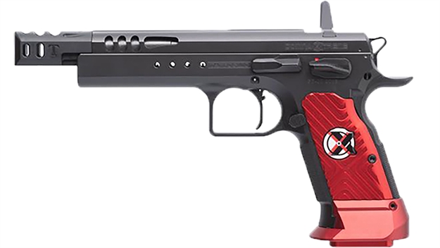 Picture of Tanfoglio Ifg Tfdomx9 Domina Xtreme 9Mm Luger 17+1, 5.20" Black Polygonal Rifled Barrel, Black Black Steel Slide, Black Steel Frame W/Beavertail, Red Polymer Grip TF-DOMX-9