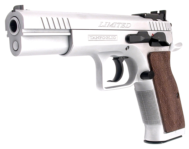 Picture of  Tanfoglio Ifg Tf-Limpro-40Sf Defiant Limited Pro 40 S&W Caliber With 4.80" Barrel, 12+1 Capacity, Overall Hard Chrome Finish Steel, Beavertail Short Frame, Serrated Slide & Brown Polymer Grip