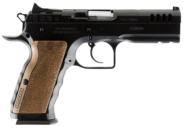 Picture of Tanfoglio Ifg Tfstocki40sf Defiant Stock I 40 S&W Caliber With 4.50" Barrel, 12+1 Capacity, Overall Black Finish Steel, Picatinny Rail/Beavertail Short Frame, Serrated Slide & Wood Grip TF-STOCKI-40SF
