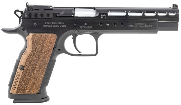 Picture of Tanfoglio Ifg Tfgoldm9 Gold Match  9Mm Luger Caliber With 6" Barrel, 16+1 Capacity, Overall Matte Black Finish Steel Beavertail Frame, Ported Slide & Wood Grip TF-GOLDM-9