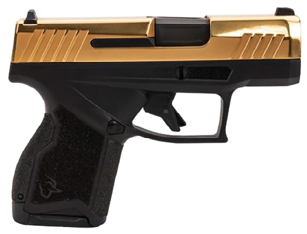 Picture of Taurus 1-Gx4m931-10G Gx4  Micro-Compact Frame 9Mm Luger 10+1 3.06" Satin Black Dlc Stainless Steel Barrel, Gold Pvd Serrated Alloy Steel Slide,  Matte Black Stainless Steel Frame, Textured Grip 1-GX4M93110G