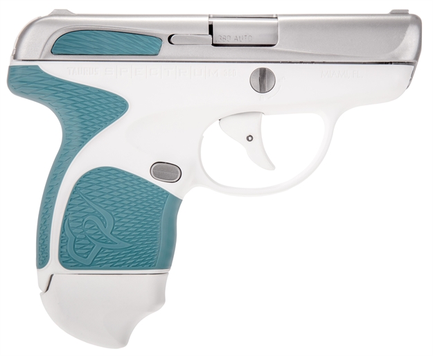 Picture of Taurus 1007039310 Spectrum 380 *Exclusive* 380 Automatic Colt Pistol Double 2.8" 6+1/7+1 White Polymer Frame Laguna Blue Synthetic Grip Matte Stainless Steel Slide