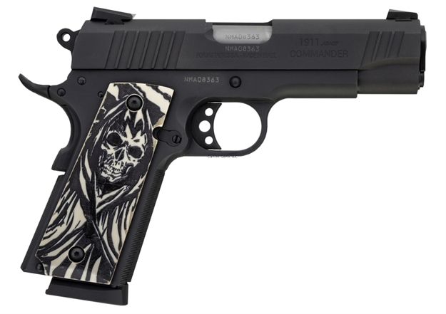 Picture of Taurus 1911 Commander Semi-Auto Pistol, 45 Acp, 4.2" Bbl, Matte Black, Bonded Ivory Grip Grim Reaper, 8+1 Rnd