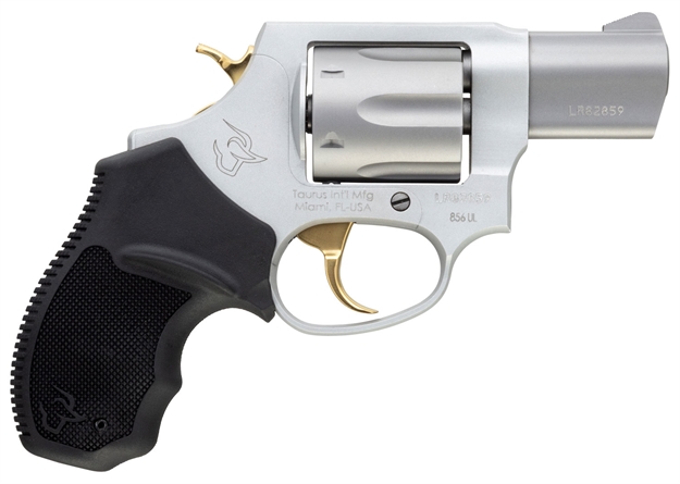 Picture of Taurus 2-856029Ulgld 856 Ultra-Lite Small 38 Special 6 Shot 2" Matte Stainless Steel Barrel, Cylinder & Frame, Gold Accents, Black Finger Grooved Rubber Grip, Transfer Bar Safety, Exposed Hammer 2-856029ULGD