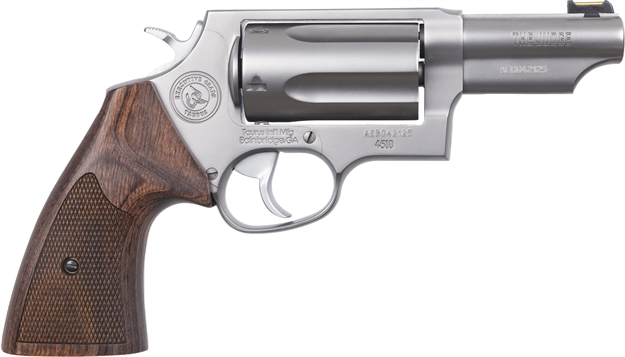 Picture of Taurus 2441Ex039 Judge Executive Grade Medium Frame 45 Colt (Lc) 410 Gauge 5Rd 3" Hand Polished Satin Stainless Steel Barrel, Hand Polished Satin Stainless Steel Cylinder & Frame, Wood Grip 2-441EX039 725327938026