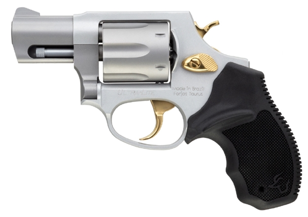 Picture of Taurus 2-856029Ulgld 856 Ultra-Lite 38 Special Caliber With 2" Barrel, 6Rd Capacity Cylinder, Overall Matte Finish Stainless Steel, Gold Trigger/Hammer Frame & Finger Grooved Black Rubber Grip 2-856029ULGD
