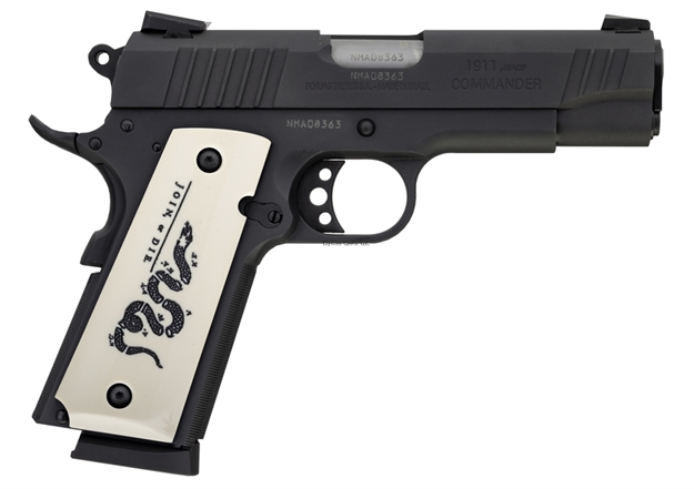Picture of Taurus Commander Semi-Auto Pistol, 45 Acp, 4.2" Bbl, Matte Black, Boned Ivory Grip, Join OR Die, 8+1 Rnd