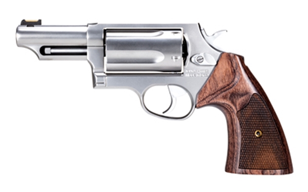 Picture of Taurus 2441Ex039 Judge Executive Grade Medium Frame 45 Colt (Lc) 410 Gauge 5Rd 3" Hand Polished Satin Stainless Steel Barrel, Hand Polished Satin Stainless Steel Cylinder & Frame, Wood Grip 2-441EX039