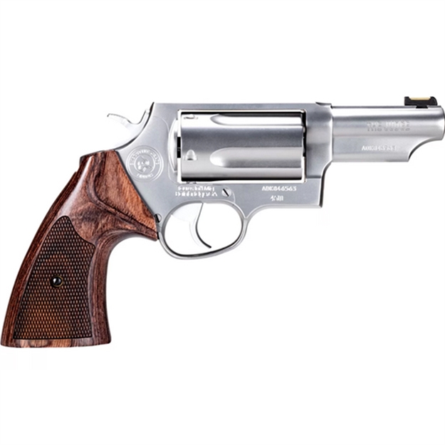 Picture of Taurus 2441Ex039 Judge Executive Grade Medium Frame 45 Colt (Lc) 410 Gauge 5Rd 3" Hand Polished Satin Stainless Steel Barrel, Hand Polished Satin Stainless Steel Cylinder & Frame, Wood Grip 2-441EX039 725327938026
