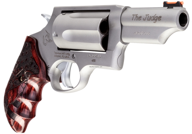 Picture of Taurus Judge Revolver, 45 Lc, 3" Bbl, Stainless, Rosewood Grip Engraved With Lady Liberty & US Flag 5-Rnd