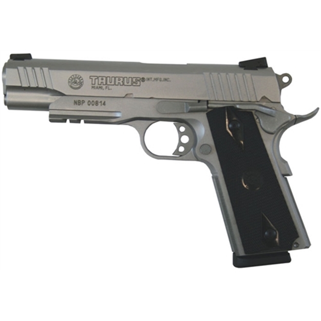 Picture of Taurus 1191109Ss1 1911  45 Acp 8+1 5" Barrel, Overall Matte Stainless Steel Finish, Picatinny Rail/Beavertail Frame, Serrated Slide & Checkered Polymer Grip Includes 2 Mags 1-191109-SS1