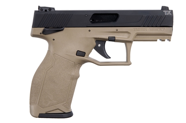 Picture of  Taurus 1-Tx22141f Tx22  22 LR 16+1 4.10" Matte Black Steel/Threaded Barrel, Black Hard Coat Anodized Serrated Slide, Flat Dark Earth Polymer Frame W/Picatinny Rail, Fde Polymer Grips