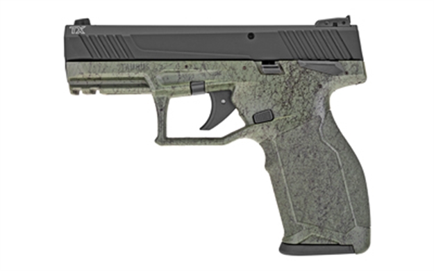 Picture of Taurus 1Tx22141sp210 Tx22  22 LR 10+1 4.10" Black Anodized Serrated Slide, Green W/Black Splatter Polymer Frame W/Picatinny Rail, Green Black Splatter Polymer Grips 1-TX22141SP2