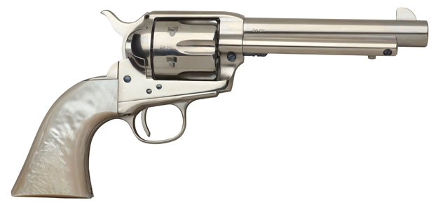 Picture of  Taylors & Company 555113 1873 Cattleman 45 Colt (Lc) Caliber With 5.50" Barrel, 6Rd Capacity Cylinder, Overall Nickel-Plated Finish Steel & Mother OF Pearl Grip 839665003909