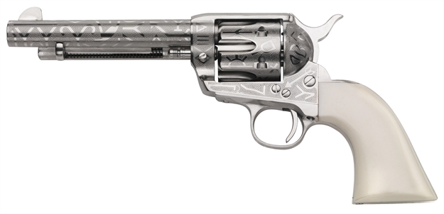 Picture of Taylors & Company 200061 1873 Cattle Brand 45 Colt (Lc) Caliber With 5.50" Barrel, 6Rd Capacity Cylinder, Overall Nickel-Plated Engraved Finish Steel & Ivory Synthetic Grip OG1406 839665000328