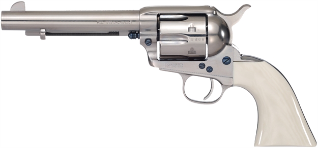 Picture of  Taylors & Company 555114 1873 Cattleman 45 Colt (Lc) Caliber With 5.50" Barrel, 6Rd Capacity Cylinder, Overall Nickel-Plated Finish Steel, Ivory Synthetic Grip & Overall Taylor Polish 839665007761