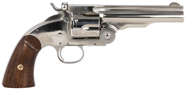 Picture of Taylors & Company 550670 Schofield Top Break 45 Colt (Lc) Caliber With 5"Barrel, 6Rd Capacity Cylinder, Overall Nickel-Plated Finish Steel & Walnut Grip 0855N04