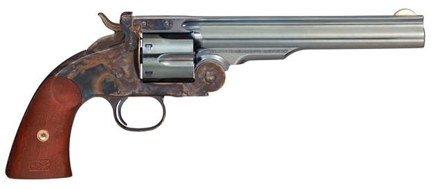 Picture of Taylors & Company 550651 Schofield Top Break 44-40 Win Caliber With 7" Charcoal Blued Finish Barrel, 6Rd Capacity Charcoal Blued Finish Cylinder, Color Case Hardened Finish Steel Frame & Walnut Grip 0852C09 810012510738