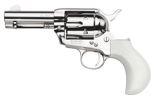 Picture of  Taylors & Company 200111 1873 Flat Top Pietta 9Mm Luger 6 Shot 3.50" Nickel Round Barrel, Cylinder & Steel Frame, Pvc White Flat Birdshead Grip, Exposed Hammer
